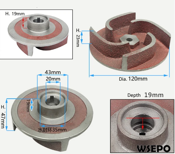 

Iron Impeller with 20mm dia. 19mm Depth Total height 47mm fits for 2 In./ 3 In. Water Pump with 20mm keyed straight shaft