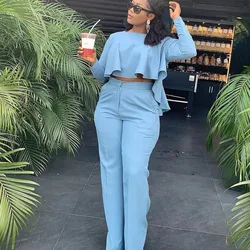 Elegant Work Wear Two Piece Set Fall Clothes for Women Ruffles Crop Top and Wide Leg Pants Suits Matching Sets Sexy Club Outfits