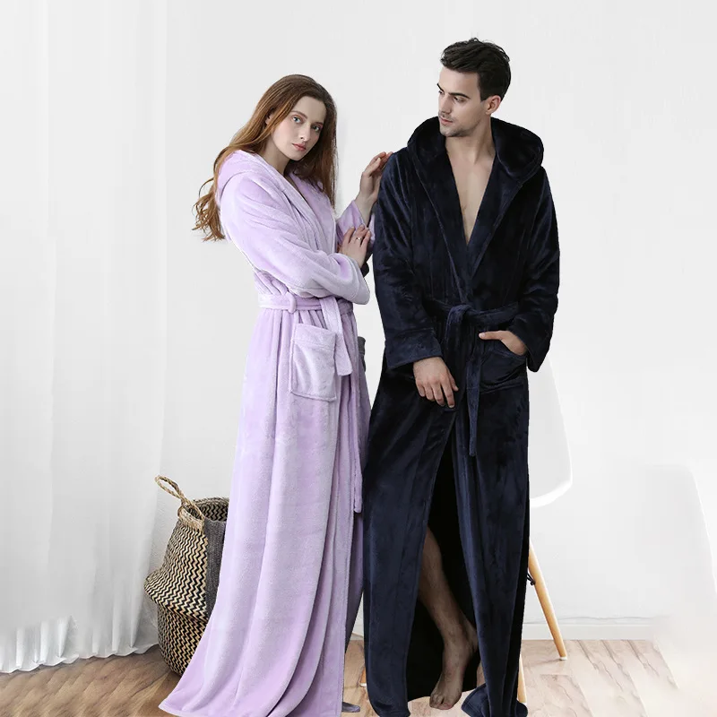 Women Winter Hooded Extra Long Thick Flannel Bath Robe Luxury Peignoir Warm Dressing Gown Men Bathrobe Bridesmaid Wedding Robes