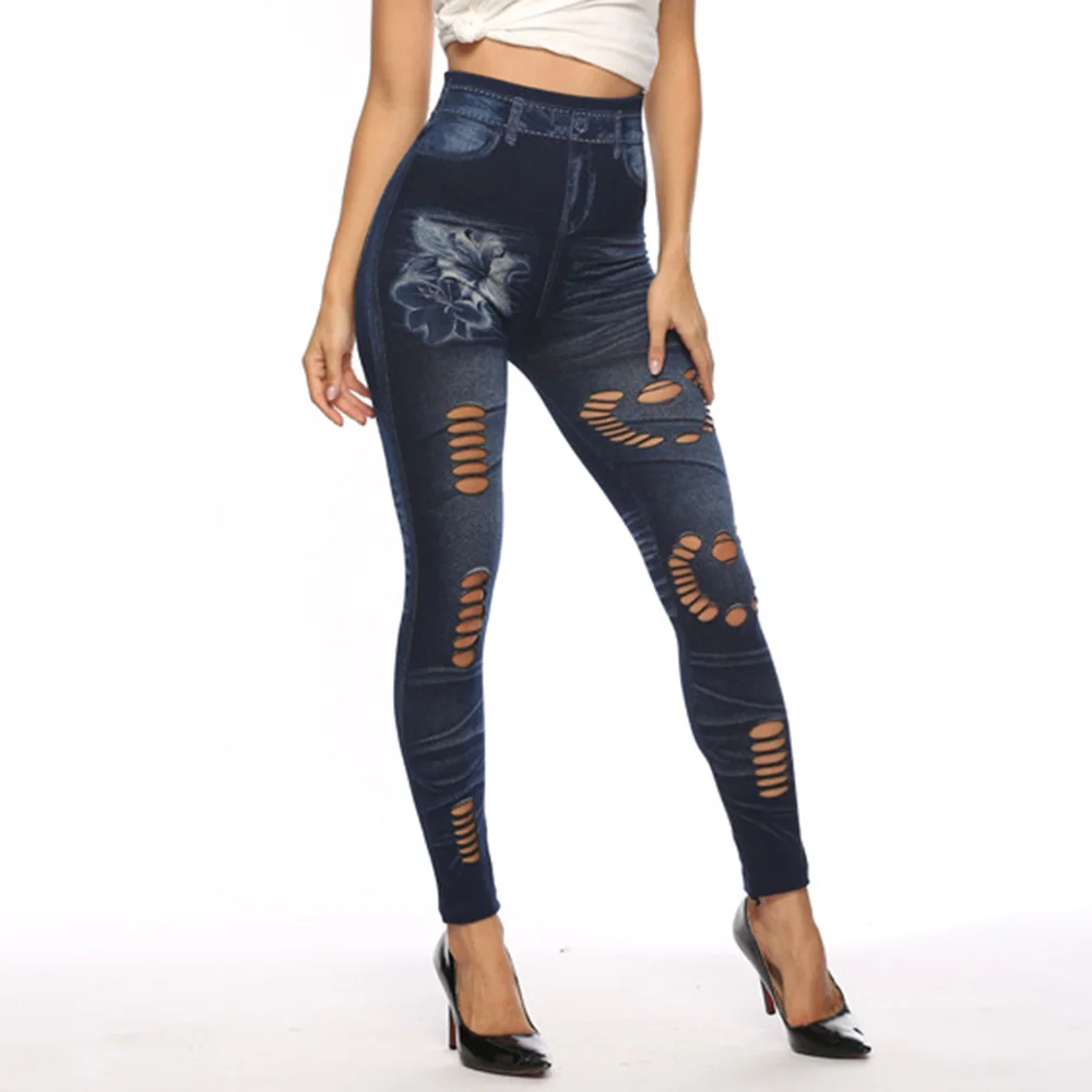 New Sexy Heart Hole Leggings da donna Big Size Streetwear High Spandex Mesh Faux Jean Pants Blue Ladies Hollow Out Pants XS-3XL