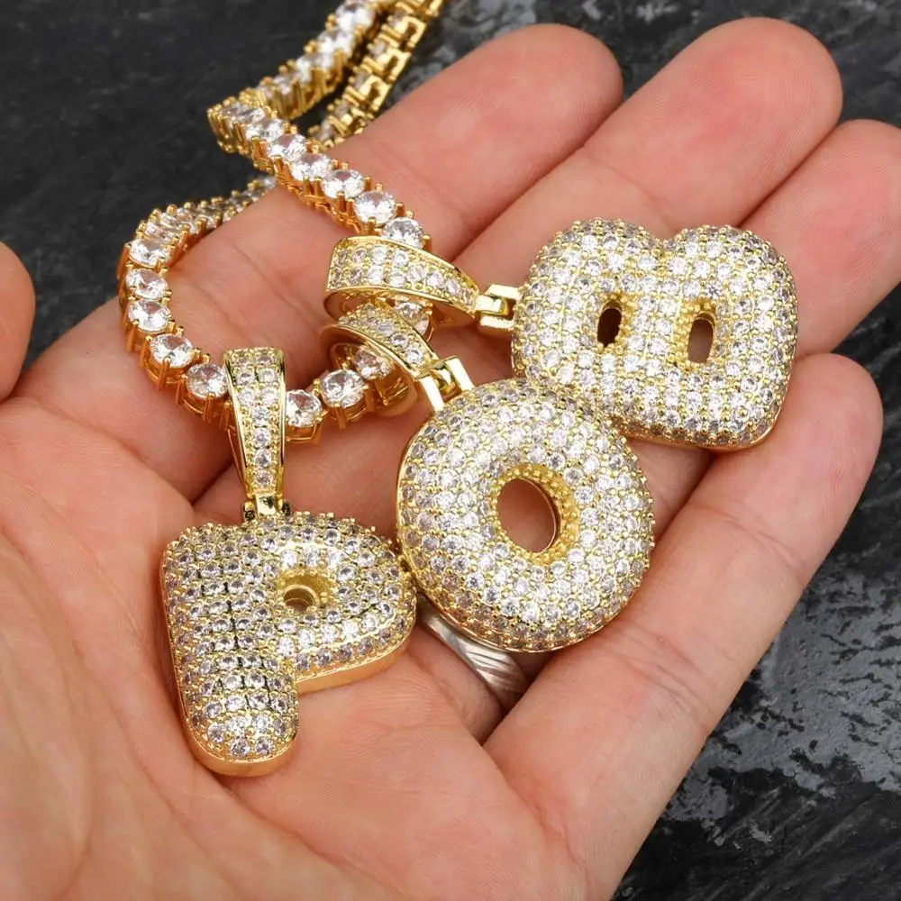 GUCY A-Z  Name Bubble Letters Necklaces & Pendant Charm For Men Women Gold Silver Color Cubic Zircon Hip Hop Jewelry Gifts