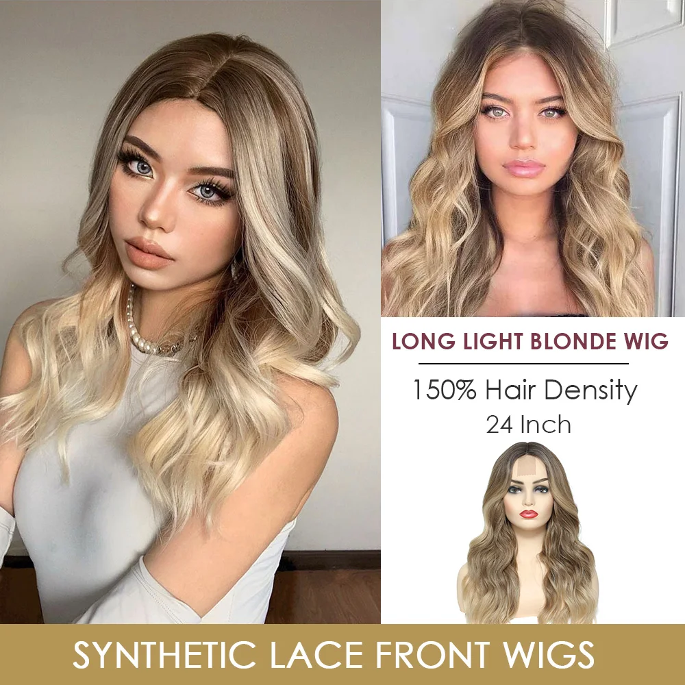 U.SHINE Ombre Brown Light Blonde Platinum Long Wavy Middle Part Hair Wig Cosplay Natural Heat Resistant Synthetic Wig for Women