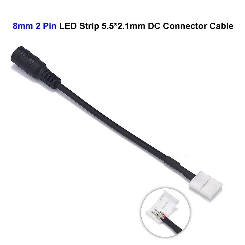 8mm 10mm 2 Pin Female 5.5*2.1mm DC 12V Jack Connector Cable Wires Adapters For SMD 3528 2835 Single Color LED Strip