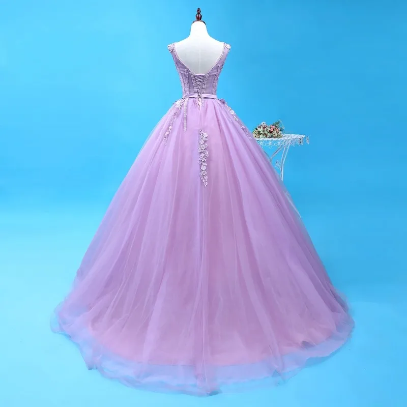 Vestido de quinceañera lila con cuello en v para fiesta, traje Sexy Formal con apliques de flores 3D, hasta el suelo, tul dulce 16, vestidos de princesa, 2021