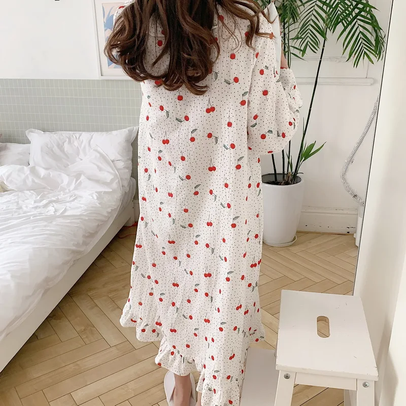 Summer New Cute Women Nightgowns Sleepdress Cherry Polka Dot Ruffles Long Sleeve Loose Midi Dress Home Clothes Peter Pan Collar