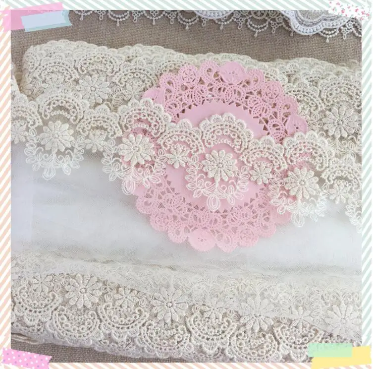 2 Meters Lace Trim Beige Cotton Flowers Embroidered Tulle Lace Fabric 13cm Width Doll Dress Underwear Costume DIY Craft Supplies