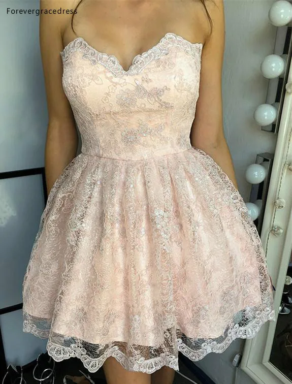 2019 Cheap Blush Pink Lace Short Cocktail Dress A Line Sweetheart Juniors Sweet 15 Graduation Party Dress Plus Size