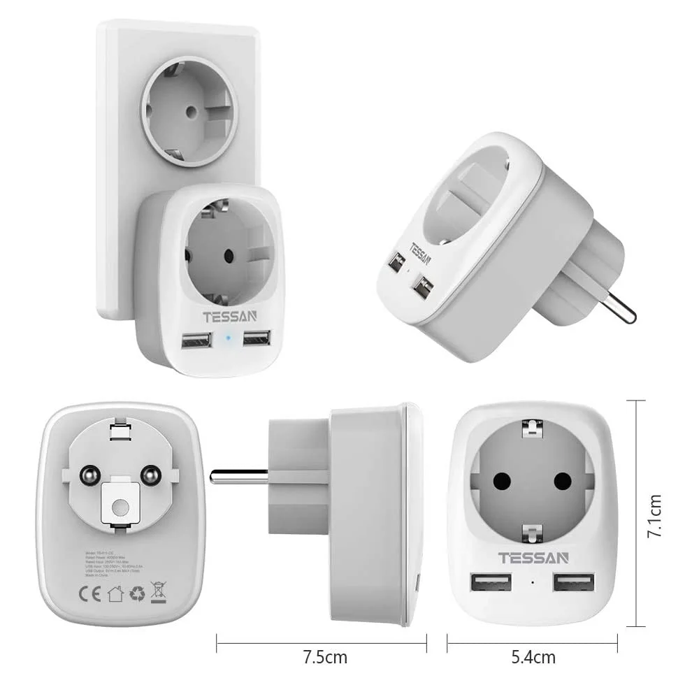 TESSAN-Adaptador de corriente 3 en 1 para enchufe de pared, enchufes de carga de viaje de la UE con puertos USB (2.4A) y 1 enchufe, 2 paquetes
