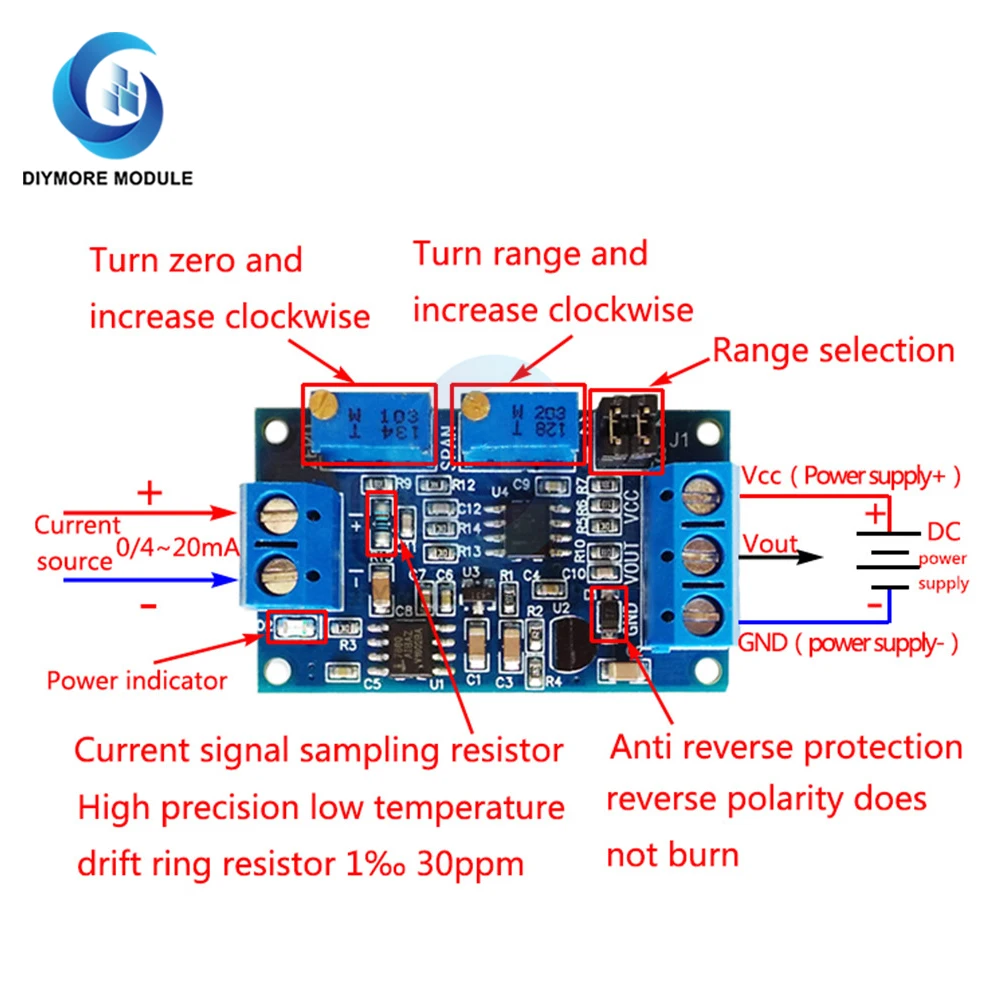 Current To Voltage Module 0 -20mA/4 -20mA to 0- 3.3V/0 -5V/0 -10V Voltage Transmitter Signal Converter Module