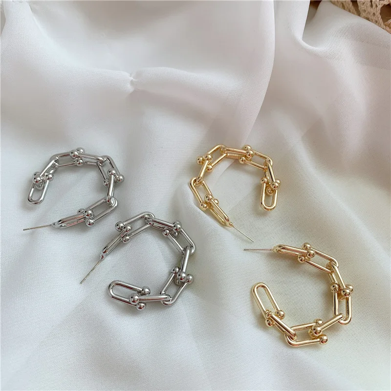 Women Vintage Hoop Earrings Metal U Shape Chain Hoops Punk Earrings for Women Gothic Jewelry Gold Circle Earring Hyeperbole