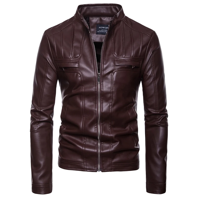 

Nice Motorcycle Leather Jacket Men New Autumn Stand Collar Zippers Leather Jacket Male Handsome PU Coat EU Size