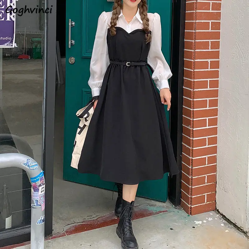 

Long Sleeve Dress Women Patchwork Empire Turn-down Collar A-line Mujer Autumn Ulzzang Female Vestidos Trendy New Streetwear Cozy