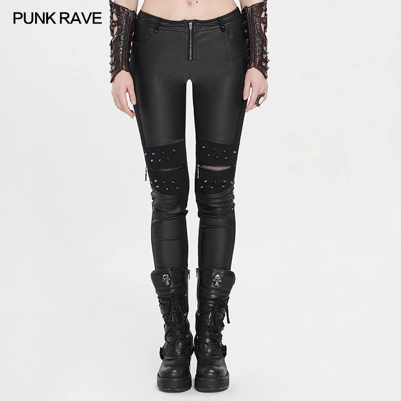 

PUNK RAVE Women’s Handsome Tight PU Leather Trousers Casual Slim Pants Rock Rivet Mesh Splice for Female