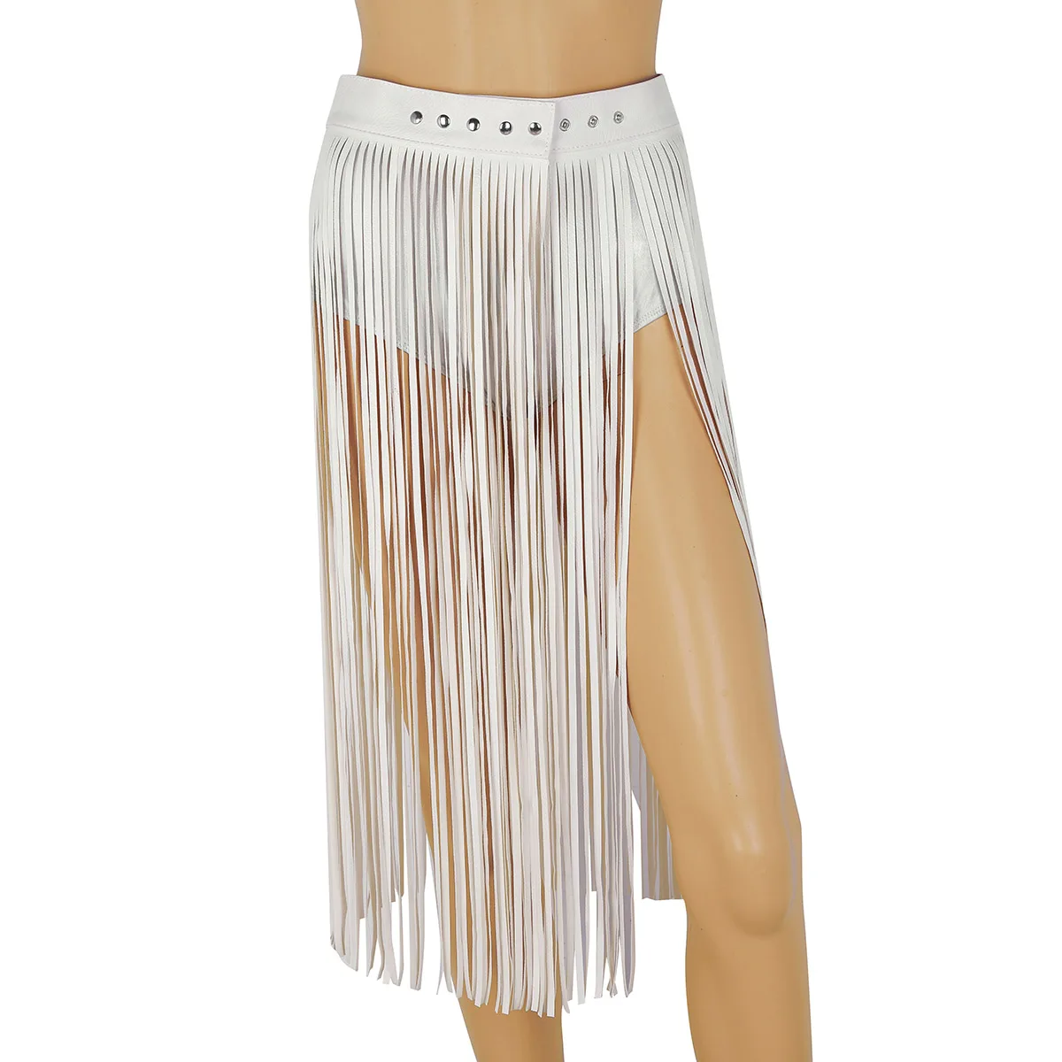 Fashion Women Faux Leather Fringe Tassel Skirt Punk Gothic Clubwear Party Stage Performance Festival Rave Dance Skirts Costume