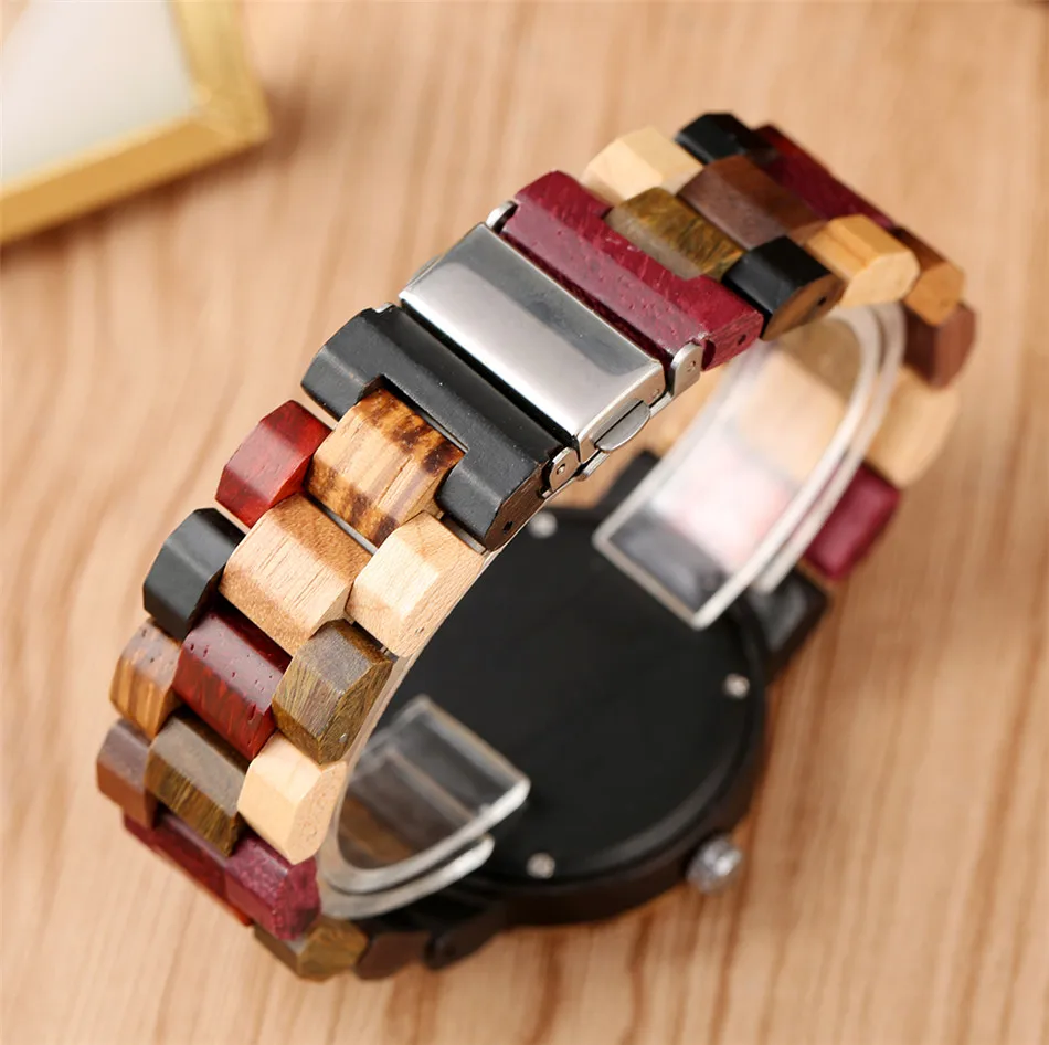 Wood Bangle Women\'s Quartz Wristwatch 4 Colors Mixed Dial Natural Full Wooden Lady Bracelet Watches Folding Clasp Timepiece