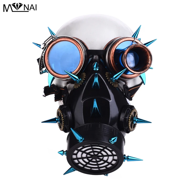 Punk Men Women Blue Long Rivets Goggles Mask Cosplay Gothic Rock Spikes Glasses With Respirator Masks Costumes Accessories