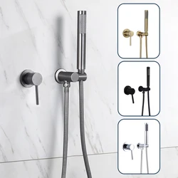 Matte Black Shower Faucet Set Concealed Wall Mounted Embedded Bathroom Shower Mixer Vlave Hand Held Shower Head Brushed Gold