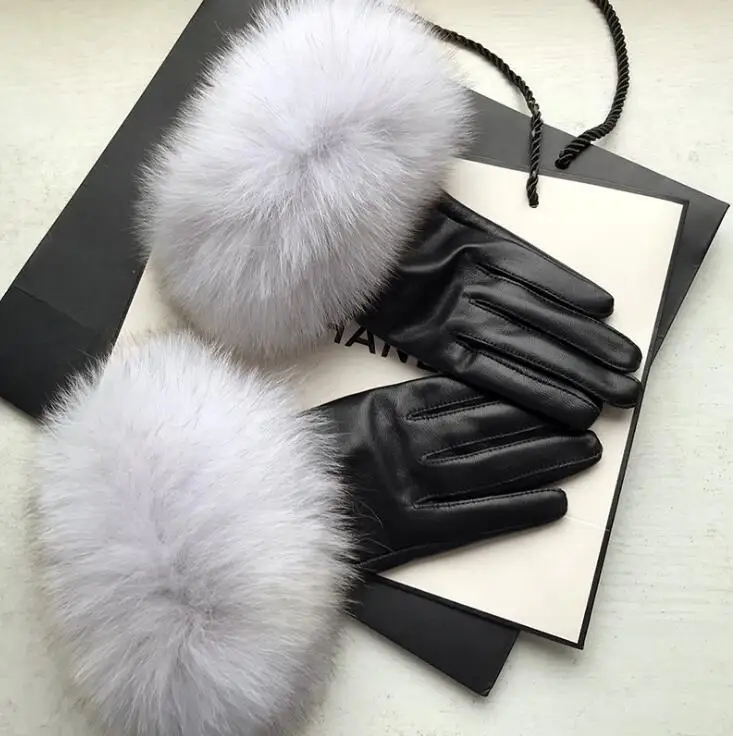 Women's natural big fox fur genuine leather glove lady's warm natural sheepskin leather plus size black driving glove R2452