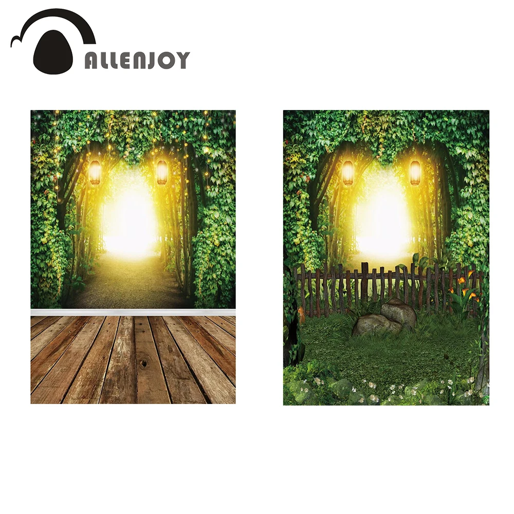 

Allenjoy Spring Backdrop Wedding Mysterious Forest Light Fairy Garden Wooden Mopping Background Banner Baby Shower Photocall