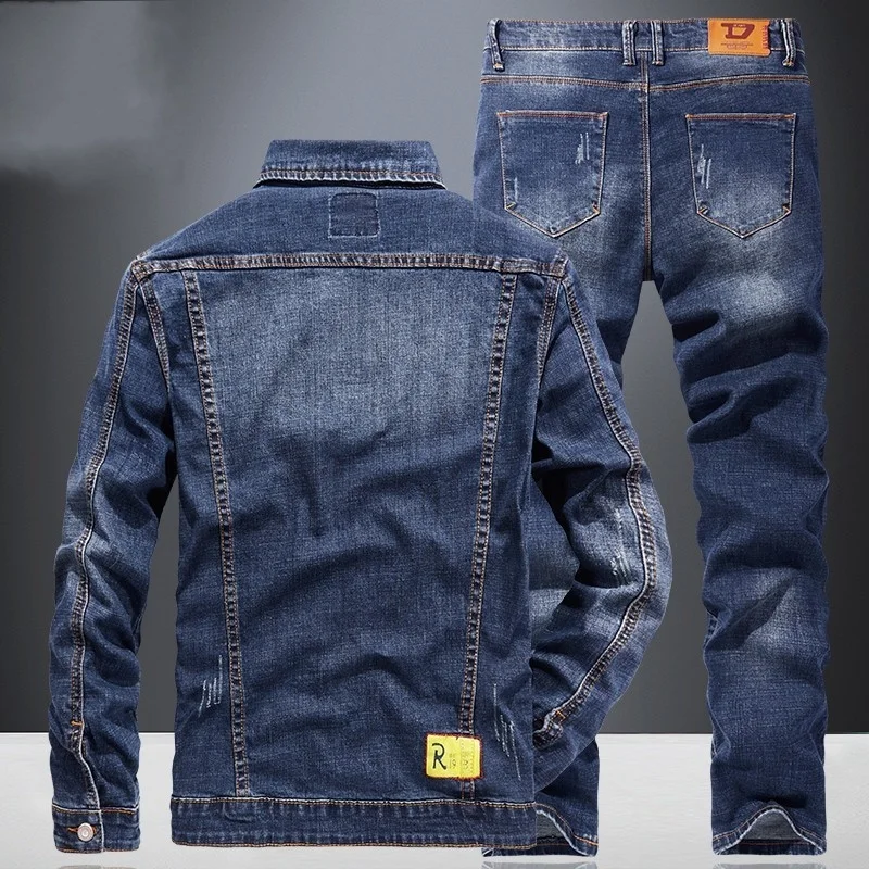 Bikers Motorcycle Denim Two Piece Set Fashion Jacket Jeans Mens Sets Streetwear Spring Long Sleeve Outerwear Pants Matching Sets