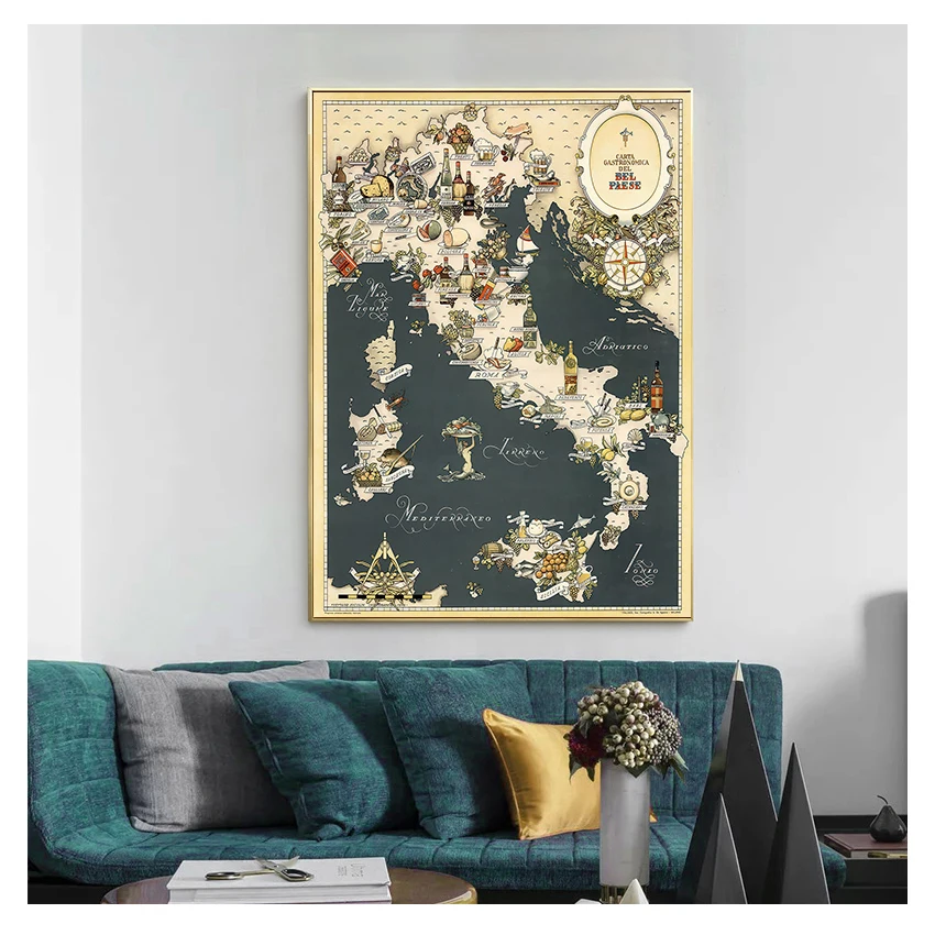 Adventure Maps Europe Retro Canvas Paintings Kraft Posters Wall Stickers Home Decor Family Gift 1949 Vintage Map of Italy Food