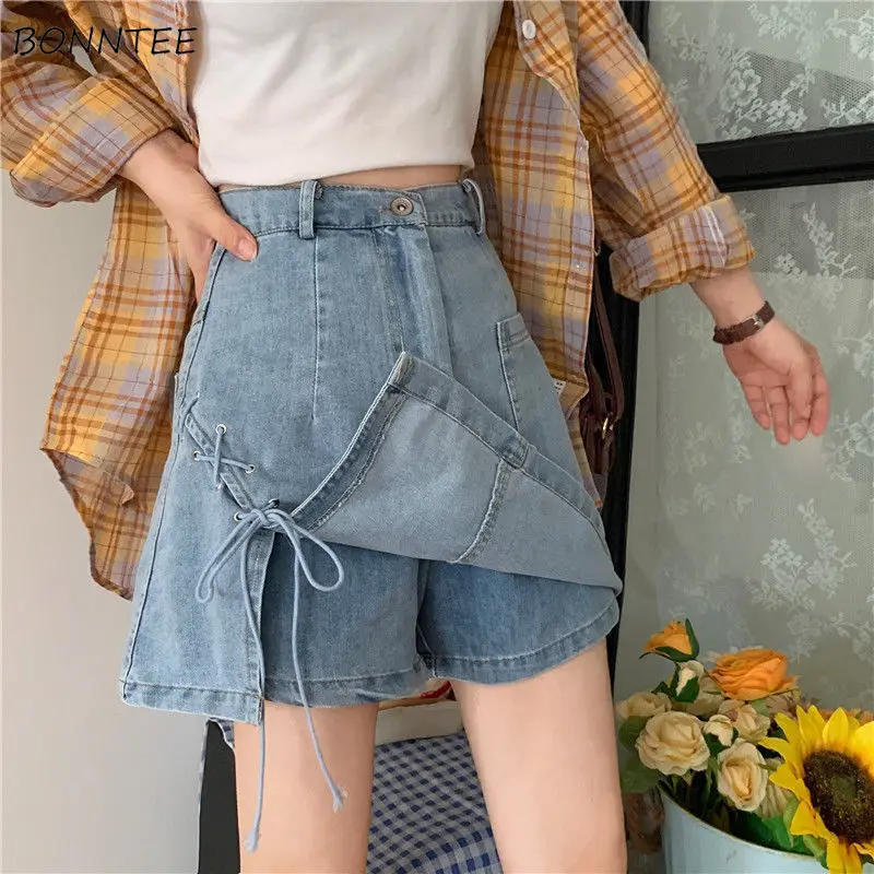 

Shorts Women Vintage Denim Summer High Waist A-line Fake Two-piece Sexy Korean Style Slide Slit All-match Cross Bandage Bow Cute