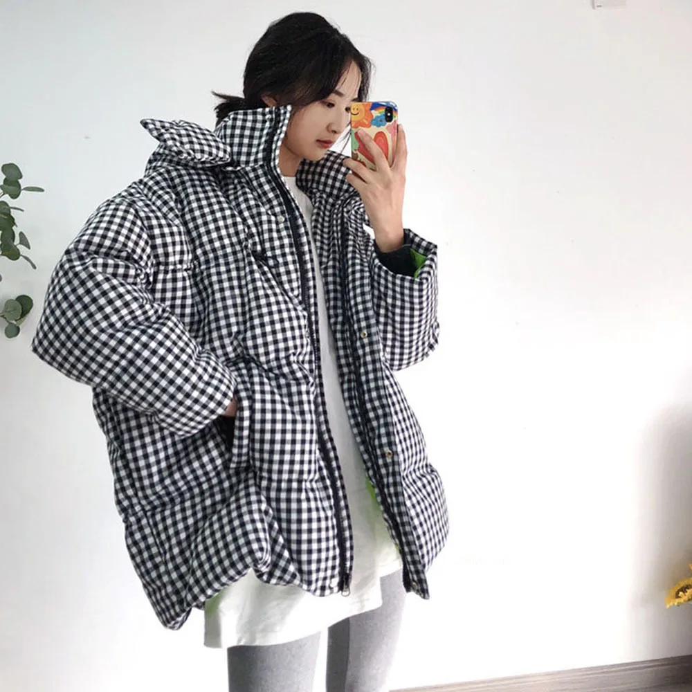 Winter 90% Duck down Coat Chic 2022 Retro Classic Black White Plaid  Loose Hooded Female Puffer Down Jackets For Women