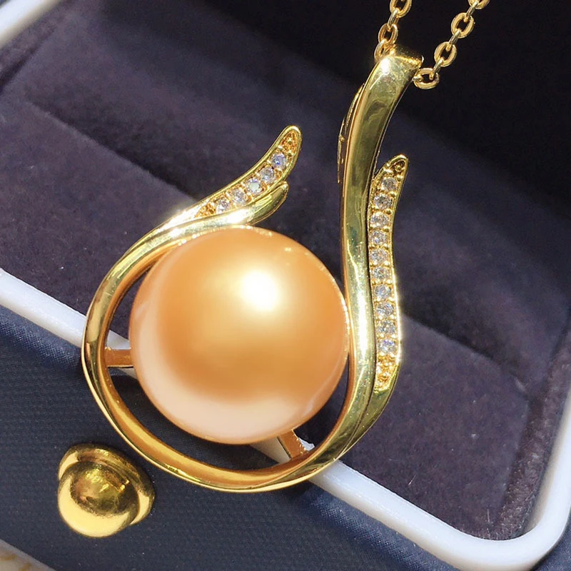 HABITOO Gorgeous Natural 11-12mm Gold Round Freshwater Pearl Chain Necklace Cubic Zircon Pendant for Women Fashion Jewelry