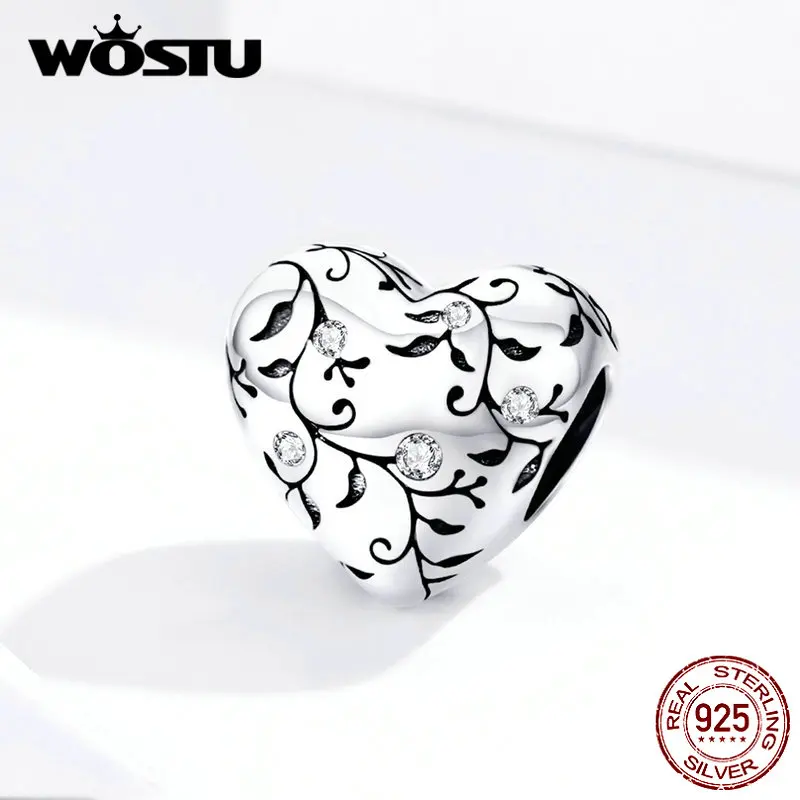 WOSTU Heart Shape Beads Charms 100% 925 Sterling Silver Fit Original Bracelet Pendants DIY Necklace Wedding Lover Jewelry image 5