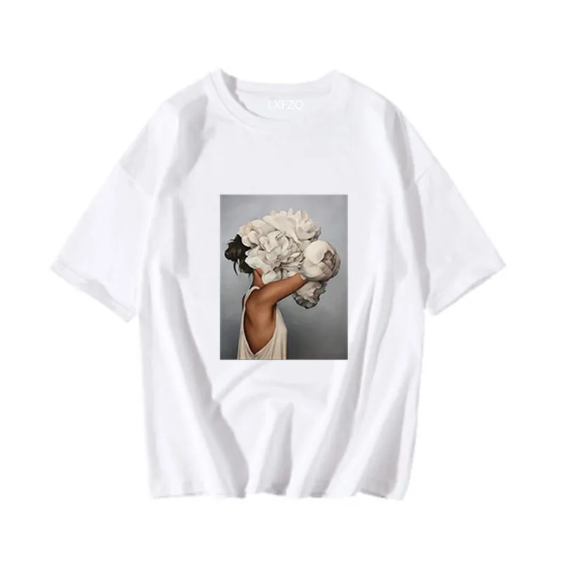 Harajuku Aesthetic Feather Flowers Printing T-shirt Fashion Women's T Shirts O Neck Short Sleeve Tee Shirt Casual Women Clothing