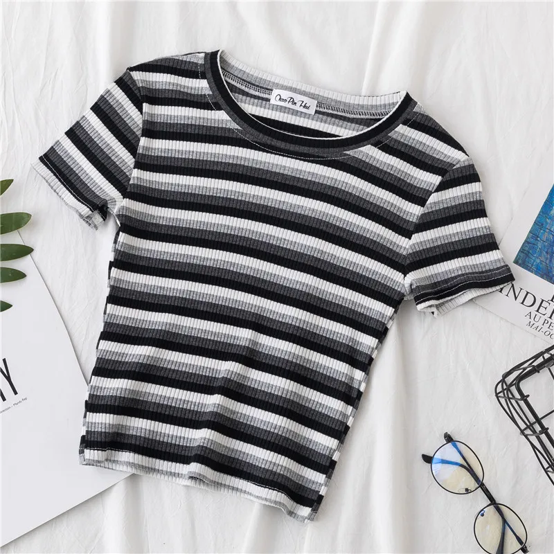 New T Shirt Women Rainbow Striped Tops Slim Fit T Shirt Harajuku Summer Short Sleeve Korean T-shirt Feminina Clothes Tops