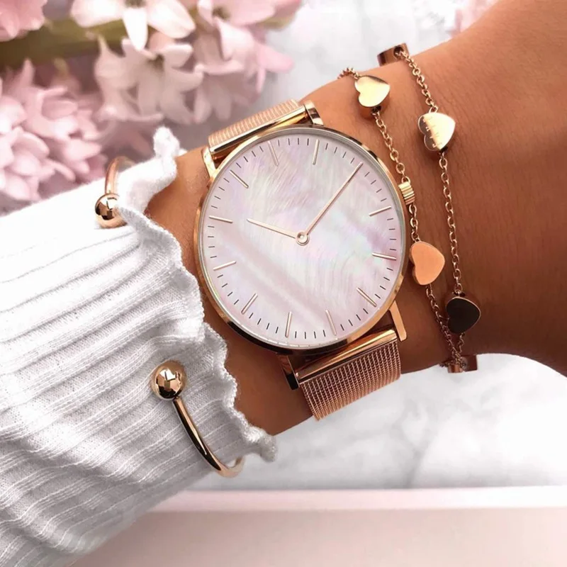 2023 Luxury Brand Rose Gold Watch Shell Dial Women\'s Watch Ladies Bracelet Quartz Wrist Watch for Women Mesh Clock Reloj Mujer