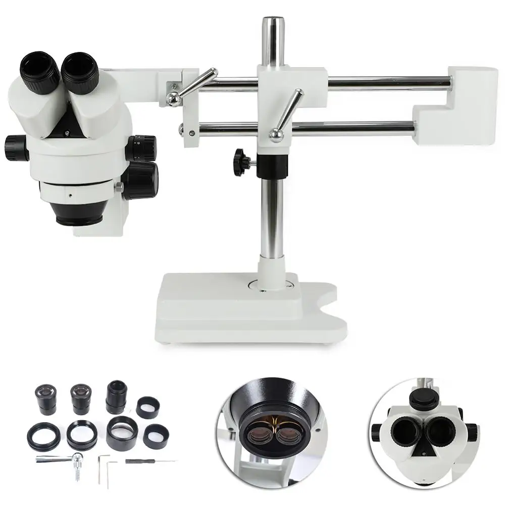 3.5X-90X Simul-Focal Zoom Trinocular Stereo Microscope Dual Arm Boom Adjustable