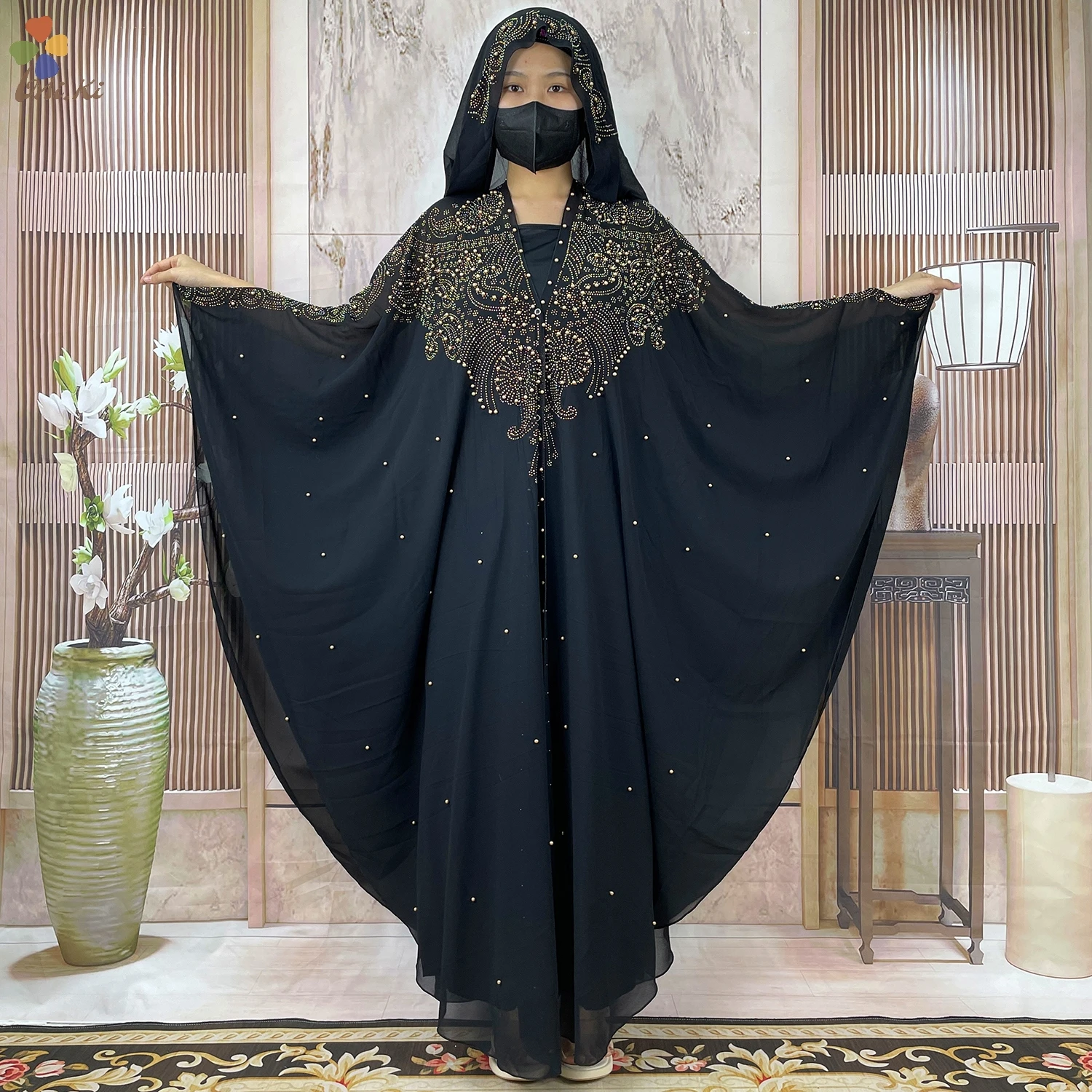 2024 neueste offene Abaya Dubai Truthahn muslimischen Kapuzen kleid Frauen Chiffon goldene Perle Luxus Strickjacke islamische Kleidung