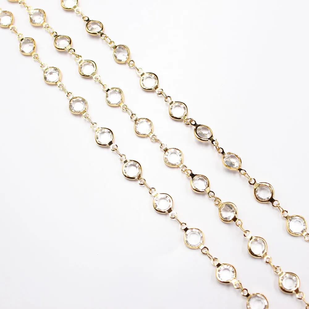 APDGG 1 Meter 6mm Clear Crystal Gold Plated Copper Fashion Bezel Set Chain Paperclip Neck Chain Pearl Necklace Making DIY