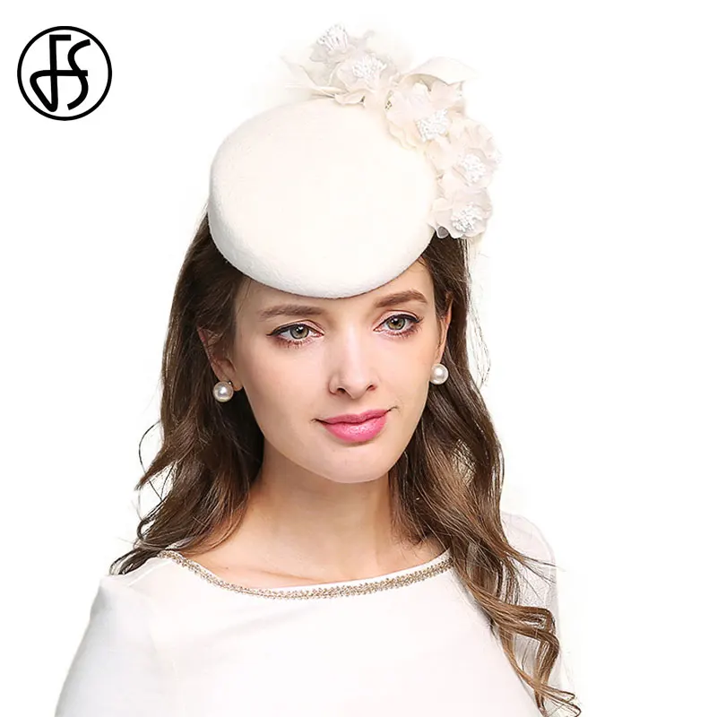 FS Fascinators For Women Elegant Flowers White Wedding Hat Wool Felt Pillbox Cocktail Hats Lady Fedoras Derby Church Female Cap