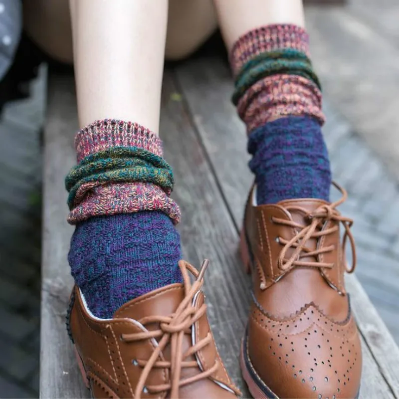 

Apparel Accessories Women's Sock patchwork color cotton vintage Bold lines long lady loose socks knee-socks 3pair/lot