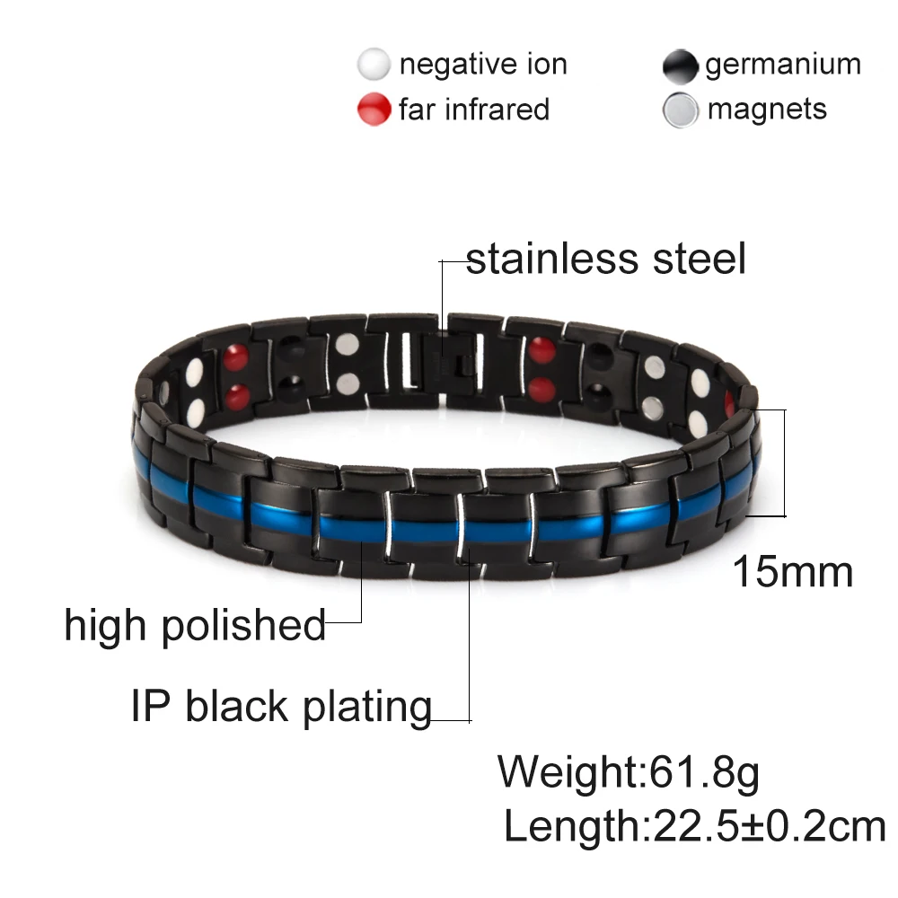 Black Bracelet Men Hand Chain Waterproof Health Germanium Magnetic Therapy Bracelet Male Benefits Stainless Steel Bracelets Mens