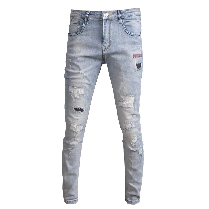 Summer Light Blue Ripped Jeans Men Casual Slim Fit Pencil Pants Streetwear Printed Patches Denim Trousers