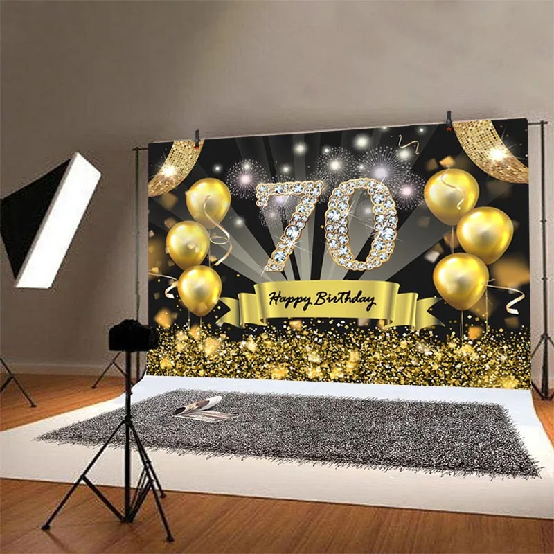 Happy 70th Birthday Backdrop Black Gold Glitter Men Women Seventy Birthday Party Banner Photography Background Photo Booth Props