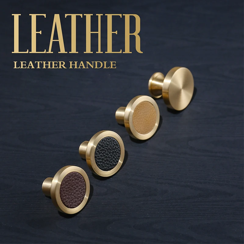 Leather & Brass cabinet knobs and handles drawer handle furniture decotation handles bathroom cupboard Knobs pull handle black