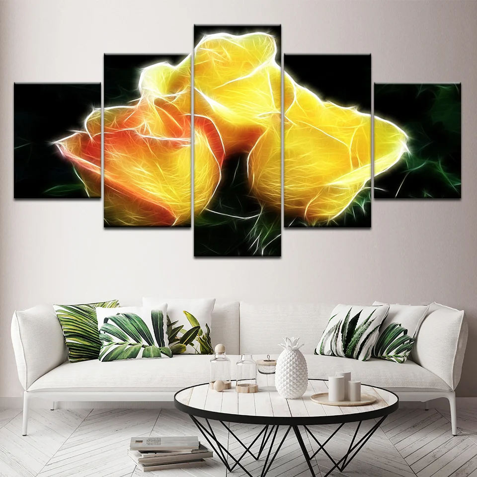 اللوحة قماش 5 قطعة مجموعة الأصفر روز جدار ديكور اللوحة قماش الفن HD طباعة جدار صورة وحدات ديكور المنزل الفني