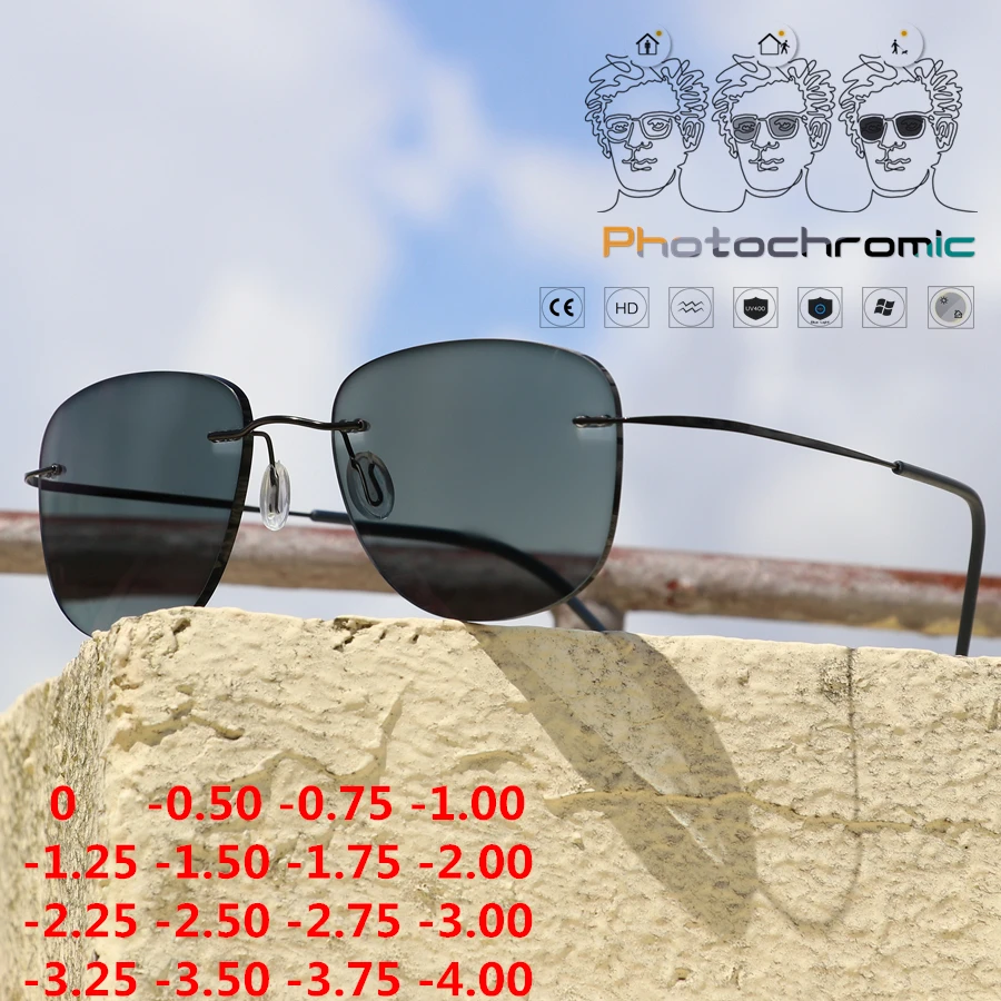 Titanium Transition Aviation Sunglasses Photochromic Reading Glasses Myopia Rimless Eyeglasses Men with Diopters