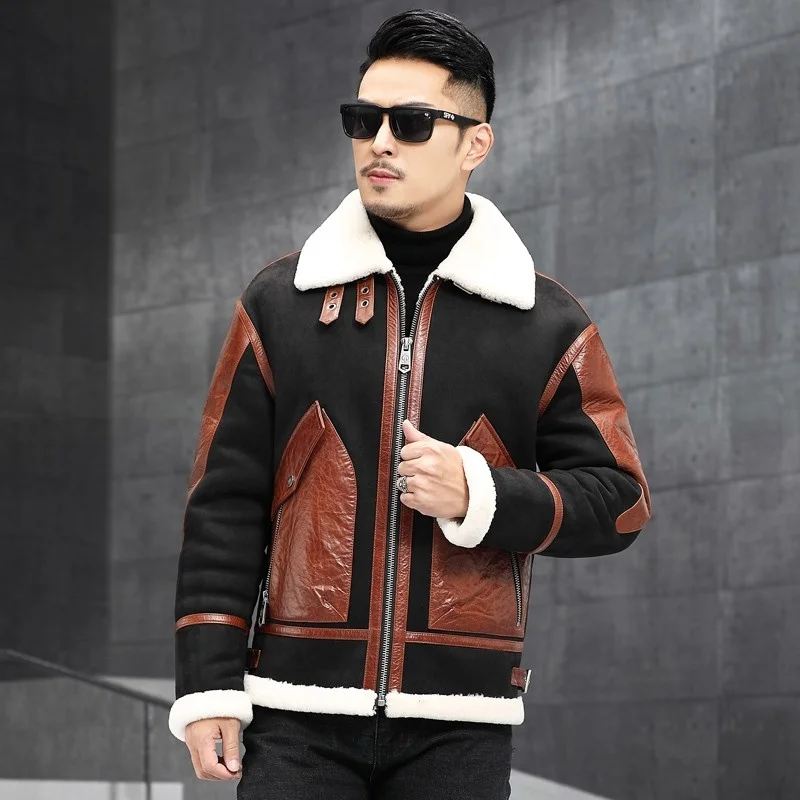 Genuine Mens Leather Shearling Coat Winter Thick Eco Real Fur Sheepskin Motorcycle Jacket Fashion Men Outerwear Streetwear 2022