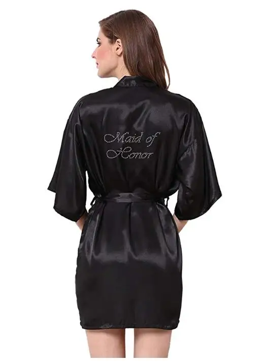 black bridal robe Women satin Kimono Rhinestone writing Short Wedding bridesmaid party getting married morning robes