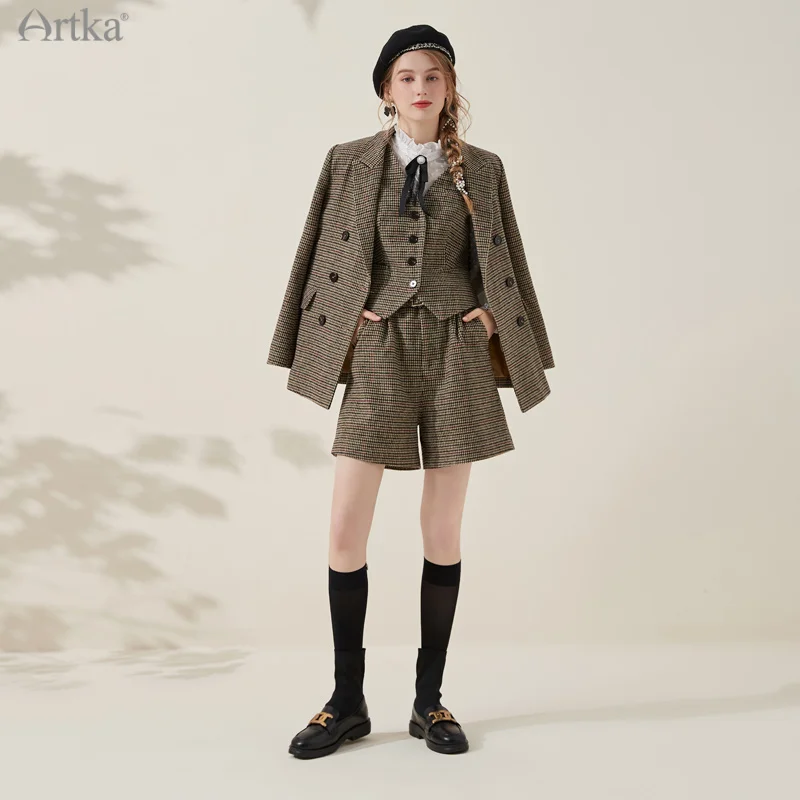 ARTKA 2021 Autumn New Women Suits Vintage Plaid British Style Blazer Jacket 3 Piece Set Woolen Vest Shorts With Belt WA20011D