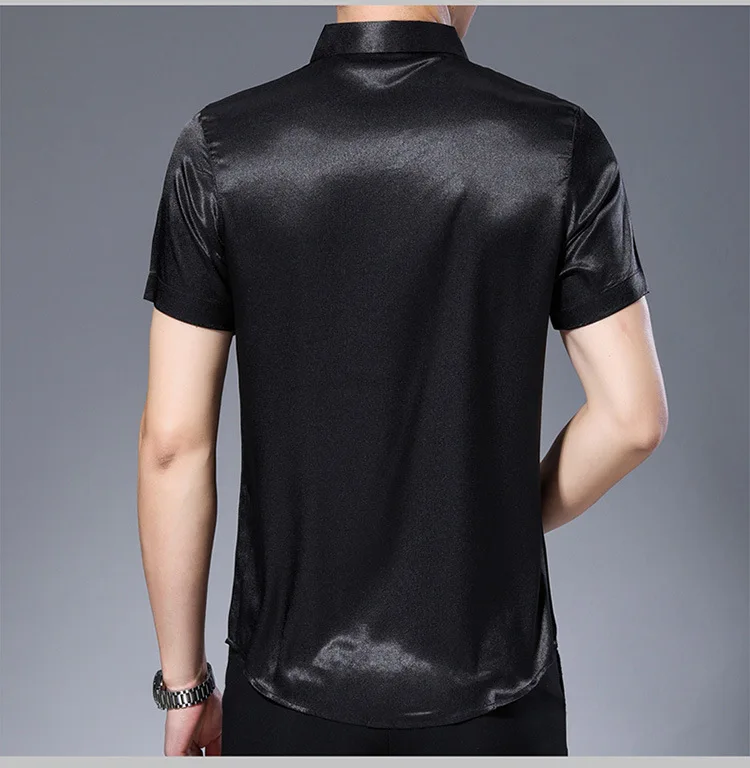 Black Silk Satin Mens Dress Shirts 2022 Brand New Short Sleeve Button Down Tuxedo Shirt Men Casual Smooth Comfortable Blouse 3XL