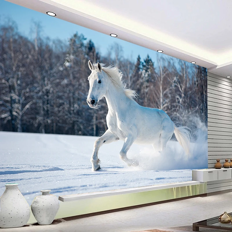 Cavallo bianco che corre sulla neve Foto murales Carta da parati Soggiorno TV Camera da letto Arte Panno da parete Impermeabile Eco-Friendly Papel De Parede