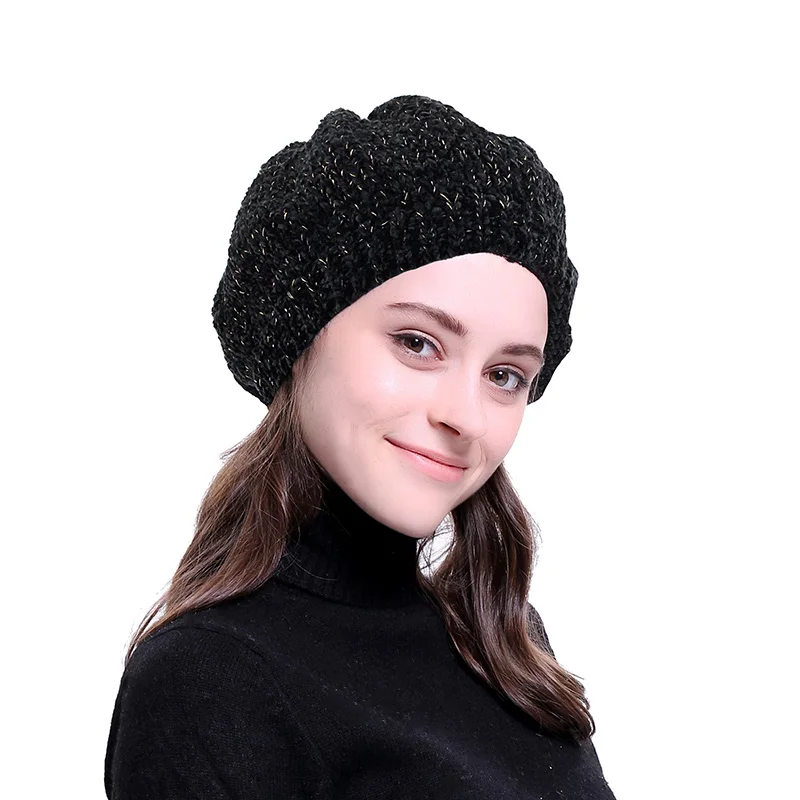 

Women Fashion Elegant Sweet French Style Women Ladies Chenille Material Beret Female Winter Cap Silver Gold Knitted Warm Hat