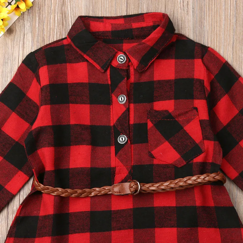 Lioraitiin 1-5Years Toddler Baby Girls New Christmas Long Shirt Dress Tops Long Sleeve Red Plaid Straight Knee-Length Dress Belt